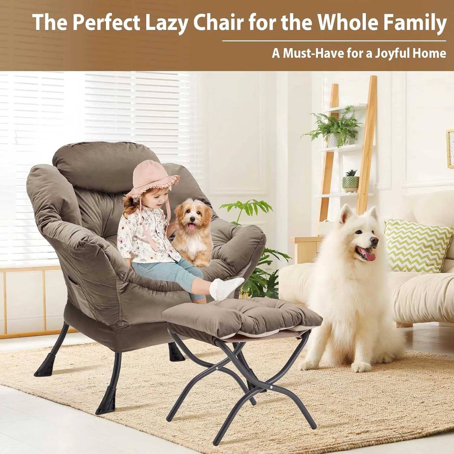 Lazy Chair with Folding Ottoman, Accent Chair Velvet Upholstered with Metal Structure and Non-Slip Pads, Sofa Armchair with Footrest and Side Storage Bag for Dorm, Room, Office, Dark Gray