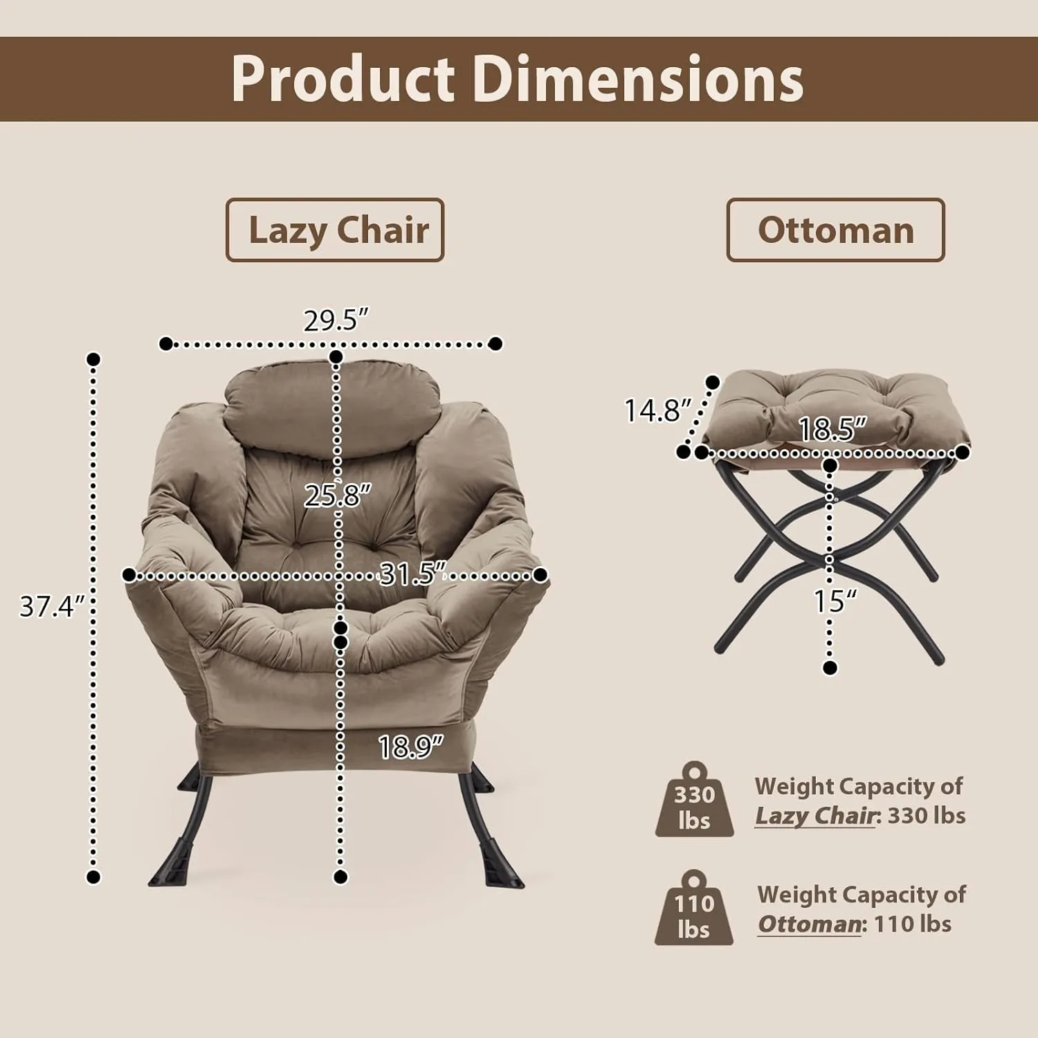 Lazy Chair with Folding Ottoman, Accent Chair Velvet Upholstered with Metal Structure and Non-Slip Pads, Sofa Armchair with Footrest and Side Storage Bag for Dorm, Room, Office, Dark Gray