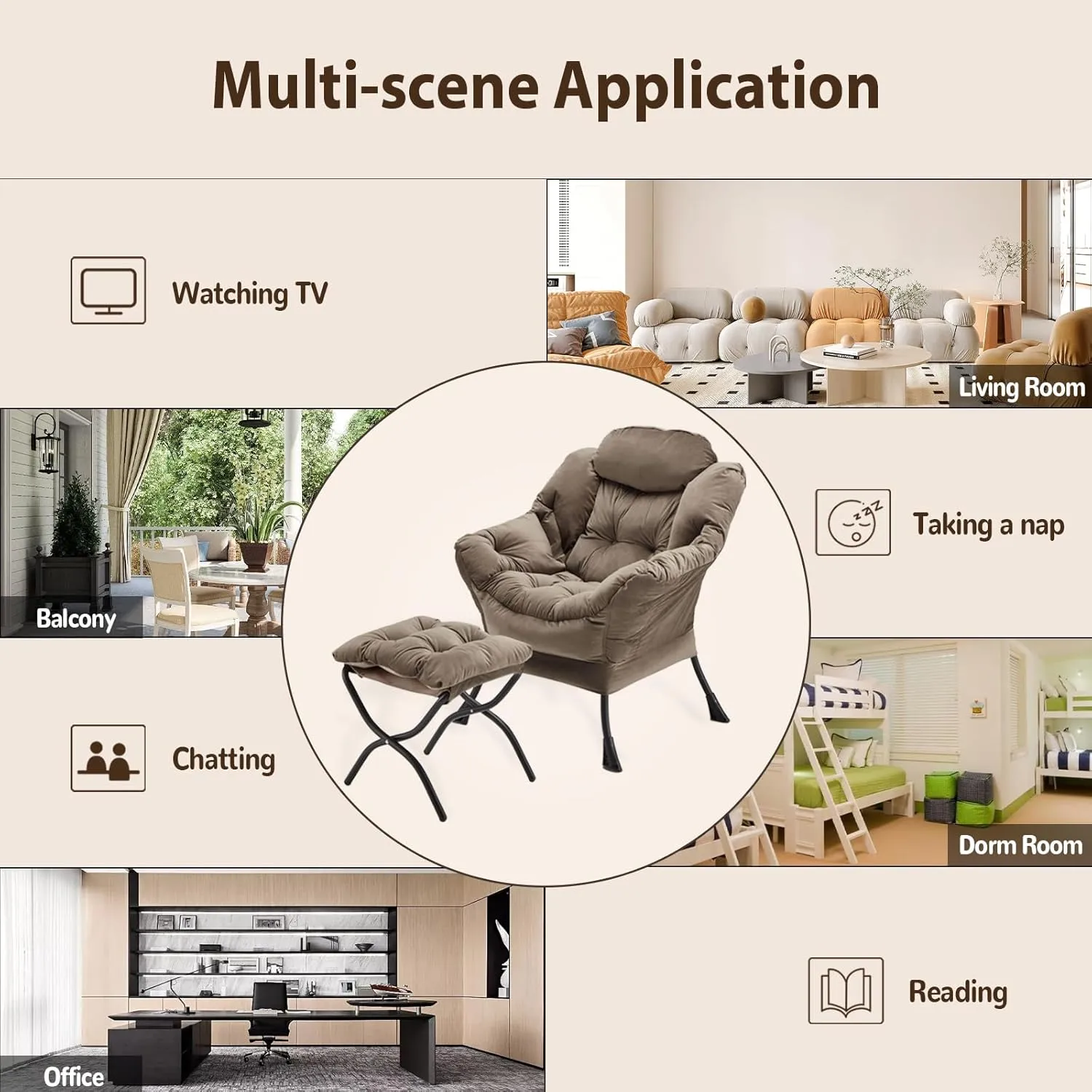 Lazy Chair with Folding Ottoman, Accent Chair Velvet Upholstered with Metal Structure and Non-Slip Pads, Sofa Armchair with Footrest and Side Storage Bag for Dorm, Room, Office, Dark Gray
