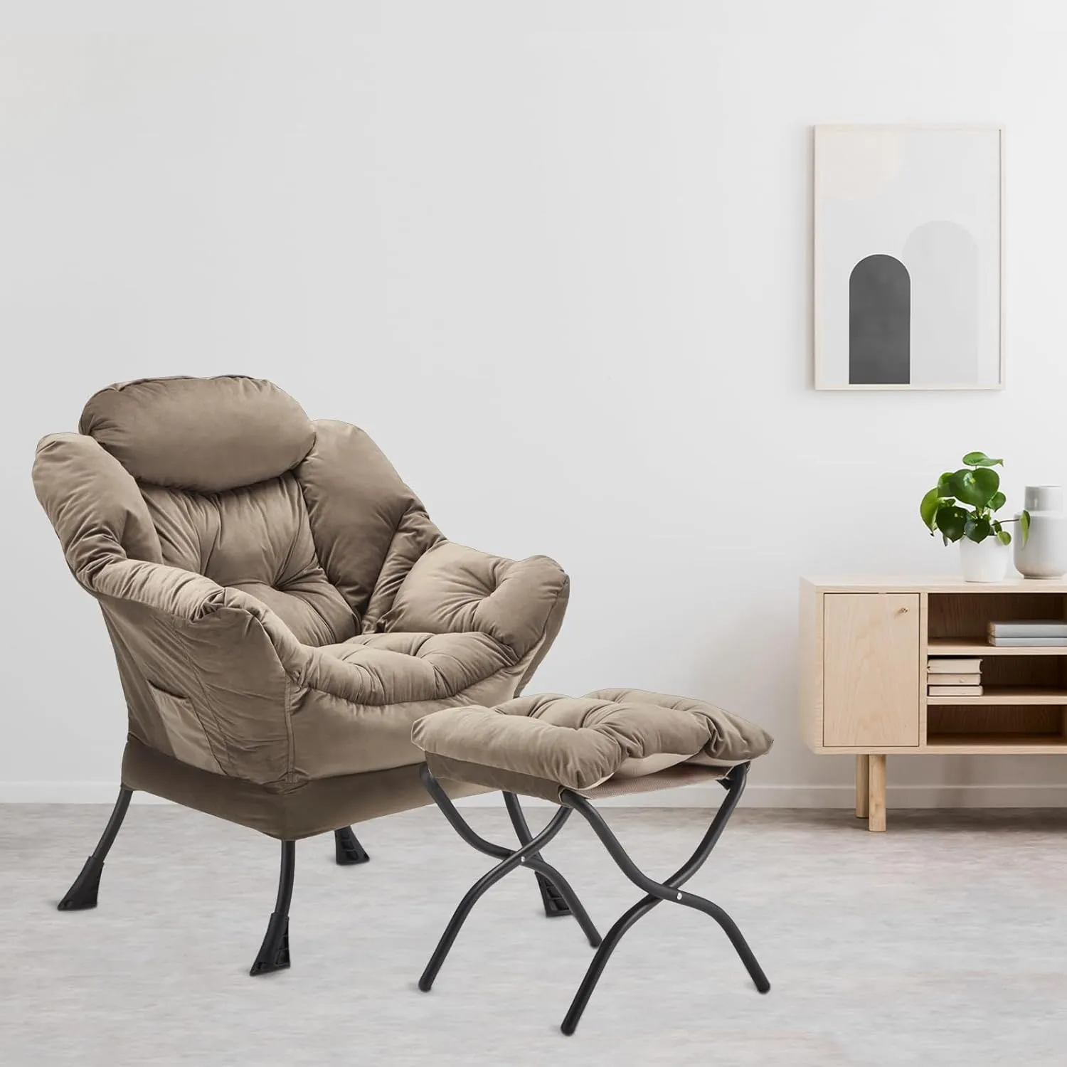 Lazy Chair with Folding Ottoman, Accent Chair Velvet Upholstered with Metal Structure and Non-Slip Pads, Sofa Armchair with Footrest and Side Storage Bag for Dorm, Room, Office, Dark Gray
