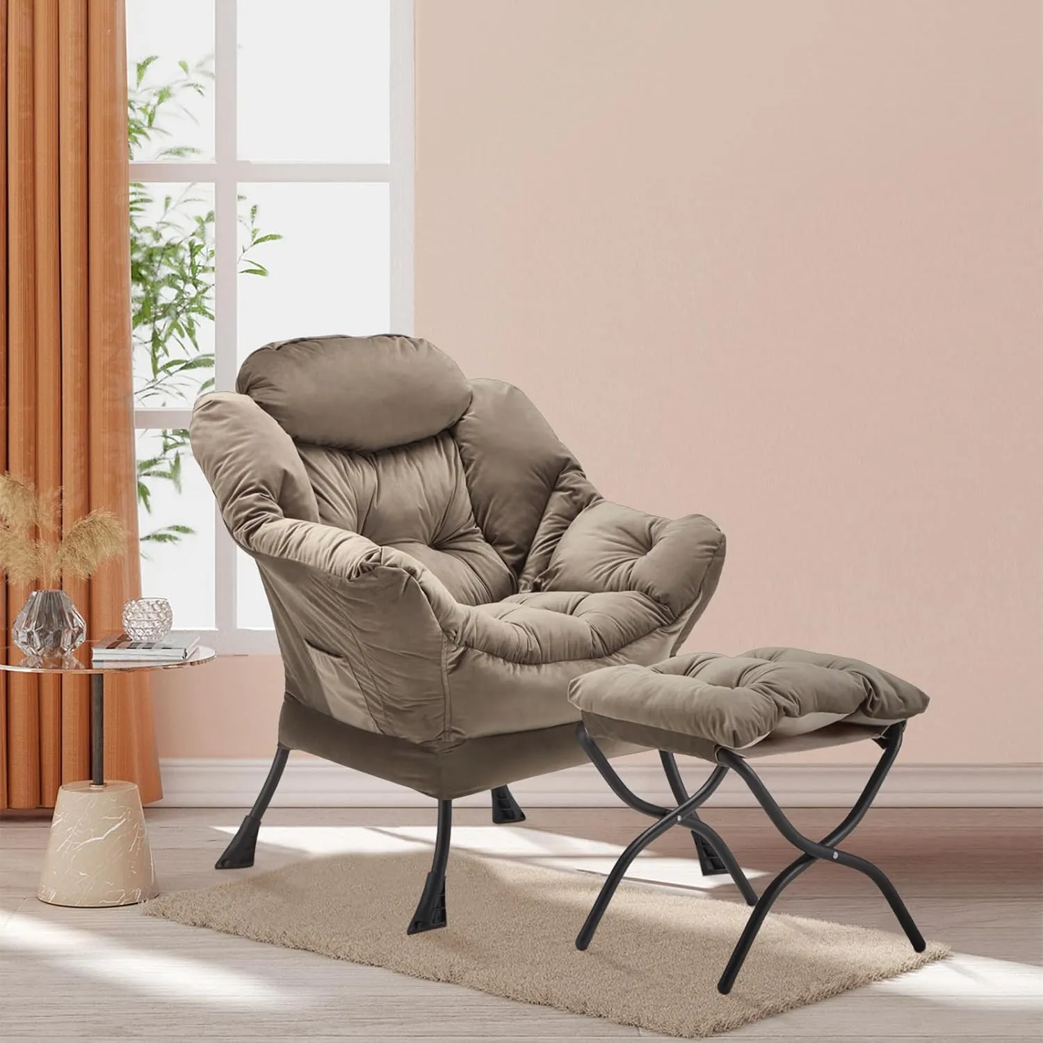 Lazy Chair with Folding Ottoman, Accent Chair Velvet Upholstered with Metal Structure and Non-Slip Pads, Sofa Armchair with Footrest and Side Storage Bag for Dorm, Room, Office, Dark Gray