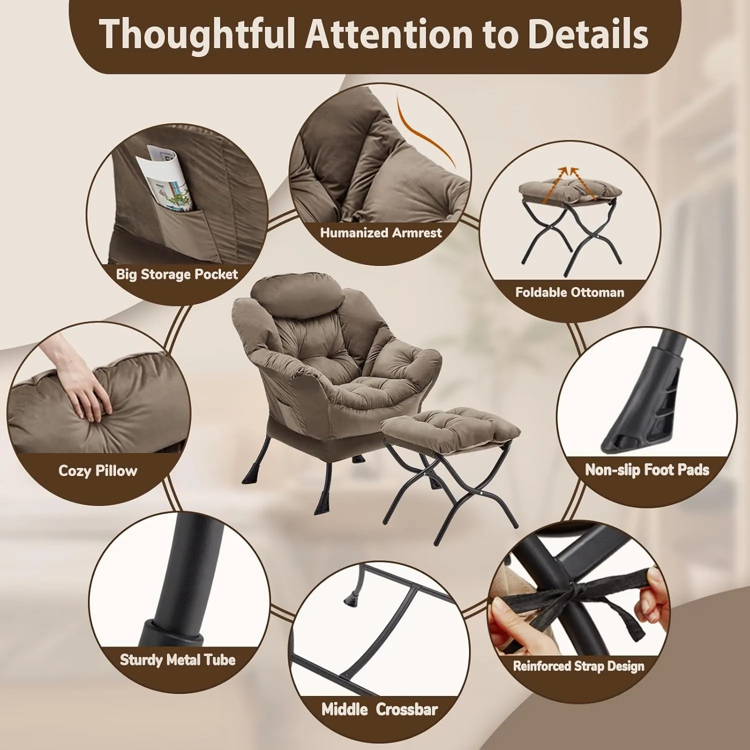 Lazy Chair with Folding Ottoman, Accent Chair Velvet Upholstered with Metal Structure and Non-Slip Pads, Sofa Armchair with Footrest and Side Storage Bag for Dorm, Room, Office, Dark Gray