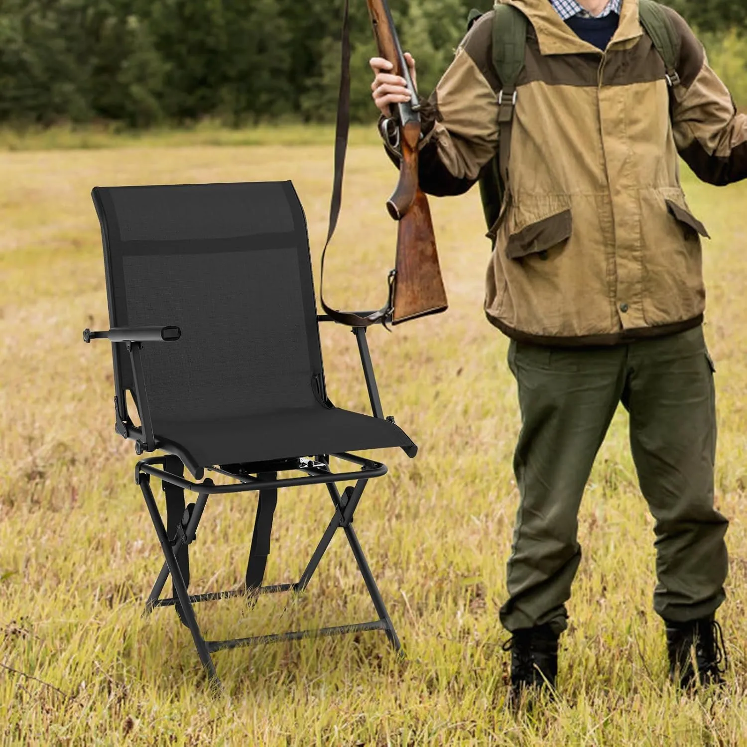 LDAILY Moccha Hunting Chair, 360° Swivel Blind Chair w/Armrest & Mesh Back, Non-Slipping Pads, Sturdy Metal Frame, 330LBS Capacity, Portable and Silent Folding Hunting Chairs for Blinds (Black)