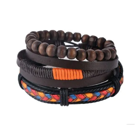 Leather Bracelet Men Multilayer Bead Bracelet Punk Wrap