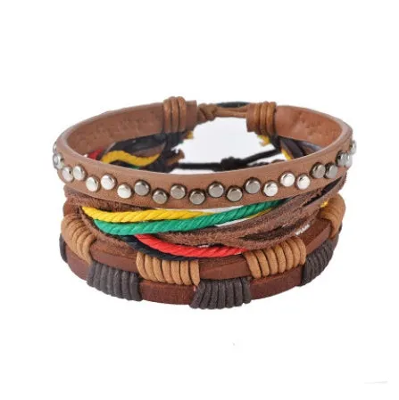 Leather Bracelet Men Multilayer Bead Bracelet Punk Wrap