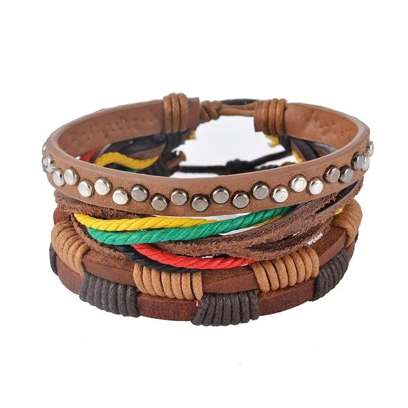 Leather Bracelet Men Multilayer Bead Bracelet Punk Wrap