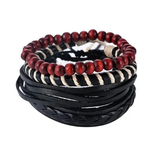 Leather Bracelet Men Multilayer Bead Bracelet Punk Wrap
