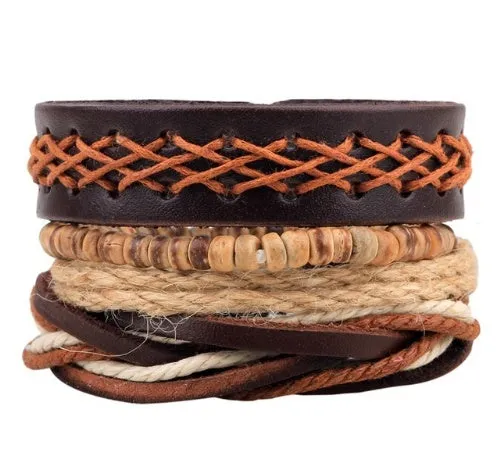 Leather Bracelet Men Multilayer Bead Bracelet Punk Wrap