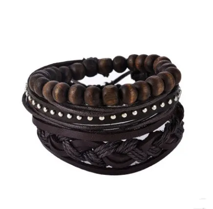 Leather Bracelet Men Multilayer Bead Bracelet Punk Wrap