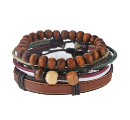 Leather Bracelet Men Multilayer Bead Bracelet Punk Wrap