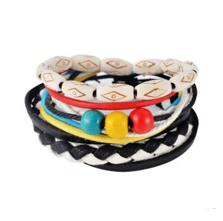 Leather Bracelet Men Multilayer Bead Bracelet Punk Wrap