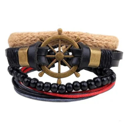 Leather Bracelet Men Multilayer Bead Bracelet Punk Wrap