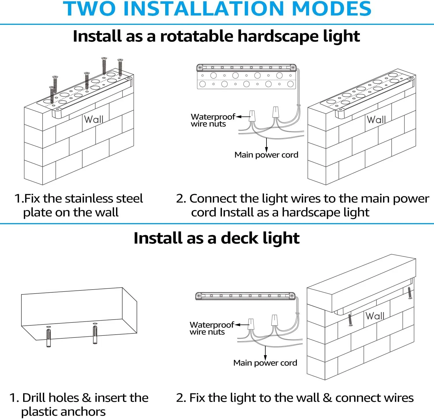 LEONLITE 8-Pack Premium Series 12 Inch Dimmable LED Hardscape Lighting 3 Way, 3W/5W/7W Retaining Wall Lights, Low Voltage Landscape Lights, 12V Paver Light, Outdoor Step Light, 3000K Warm White, ETL