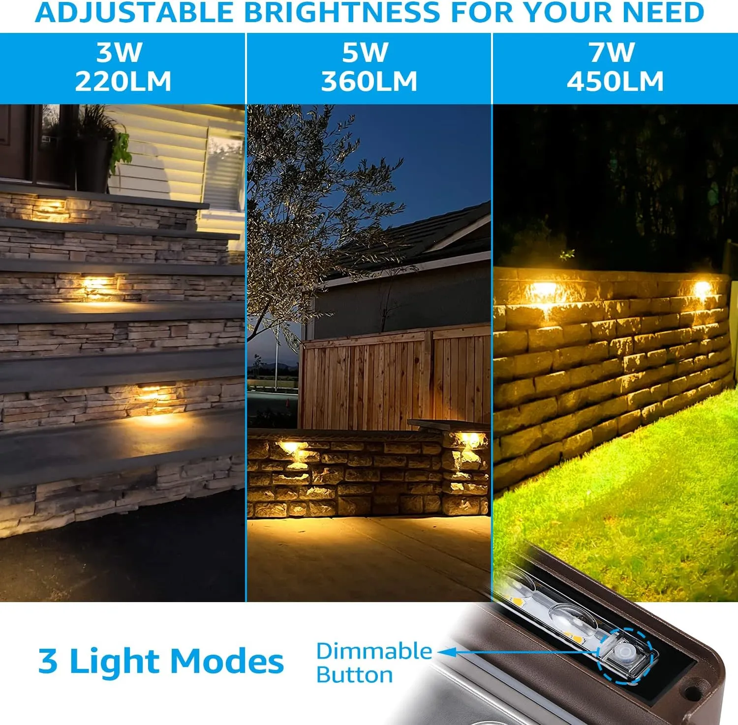 LEONLITE 8-Pack Premium Series 12 Inch Dimmable LED Hardscape Lighting 3 Way, 3W/5W/7W Retaining Wall Lights, Low Voltage Landscape Lights, 12V Paver Light, Outdoor Step Light, 3000K Warm White, ETL