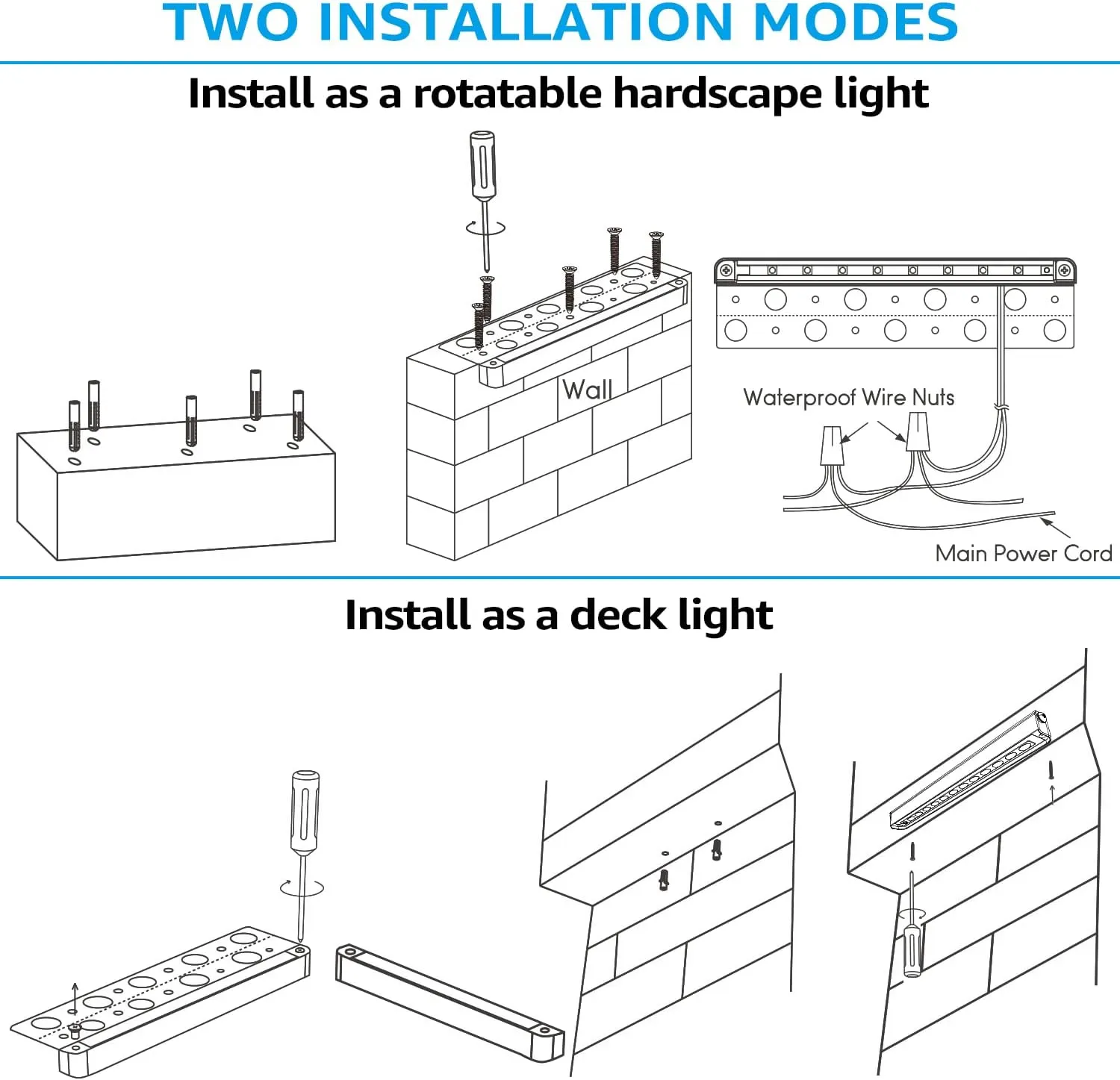 LEONLITE 8-Pack Premium Series 5CCT 12 Inch Hardscape Lighting Low Voltage LED Swivel, 2200K/2700K/3000K/4000K/5000K Selectable, Retaining Wall Light, 12V Paver Light, 7W Outdoor Step Light, ETL