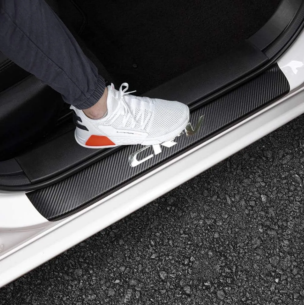 LEXLEY For 2006-2023 2024 2025 CRV CR-V Carbon Fiber Style Leather Door Sill Protector Anti-Dirty Scuff Plate Cover Guard Sills Protector Trim,Welcome Pedal Protect 4PCS -SLIVER