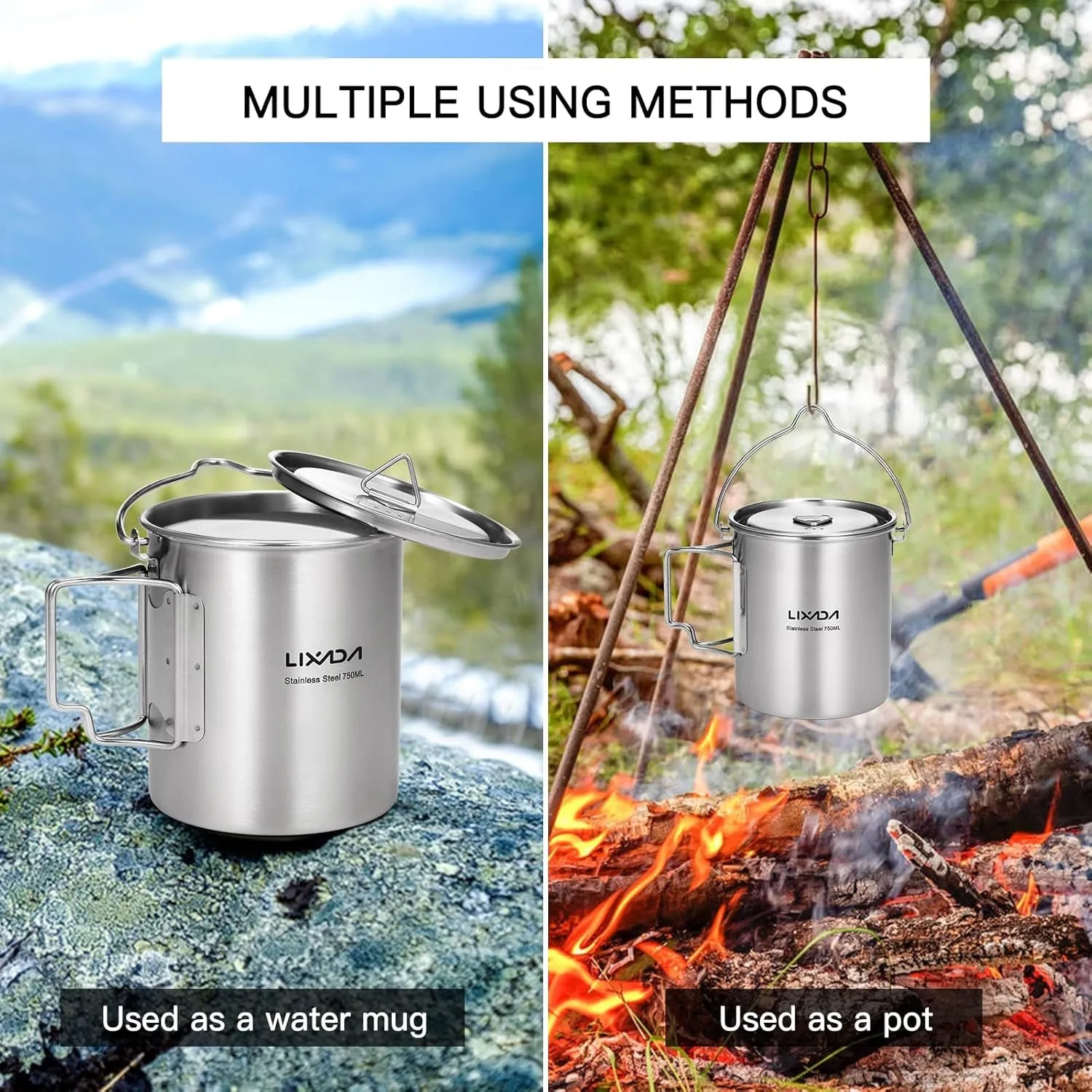 Lid Mug Camping Privacy-focused Stainless Pot,750Ml Hiking Water Steel Handles Backpacking for Cup Outdoor Cup Camping Foldable and Beautifully designed with