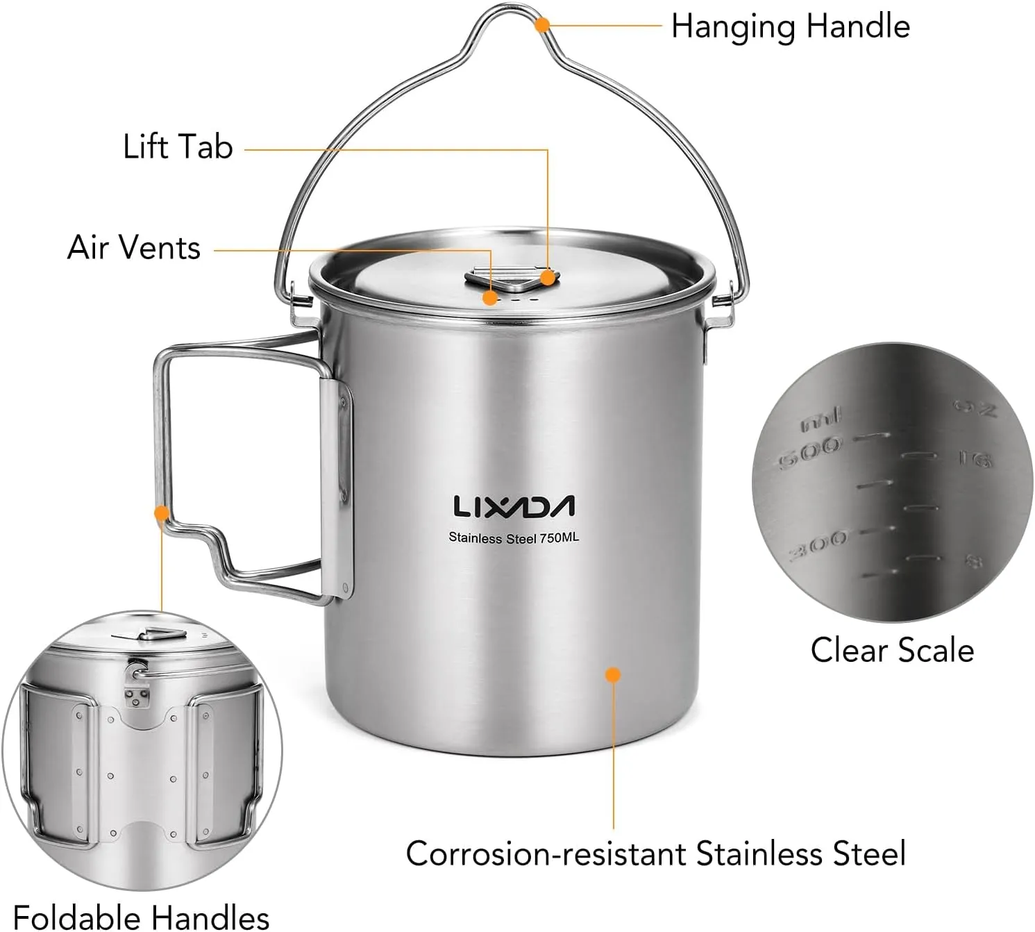 Lid Mug Camping Privacy-focused Stainless Pot,750Ml Hiking Water Steel Handles Backpacking for Cup Outdoor Cup Camping Foldable and Beautifully designed with
