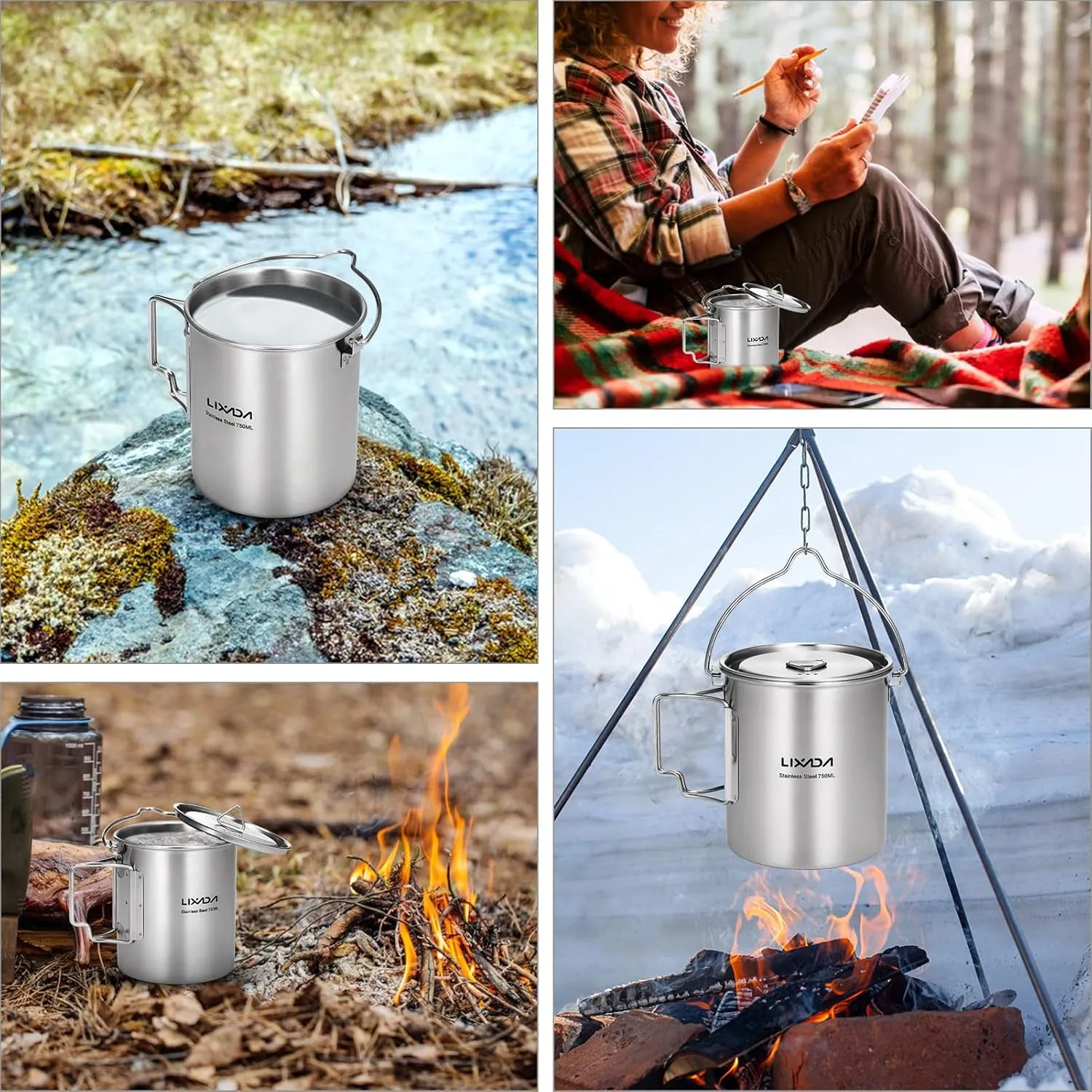 Lid Mug Camping Privacy-focused Stainless Pot,750Ml Hiking Water Steel Handles Backpacking for Cup Outdoor Cup Camping Foldable and Beautifully designed with