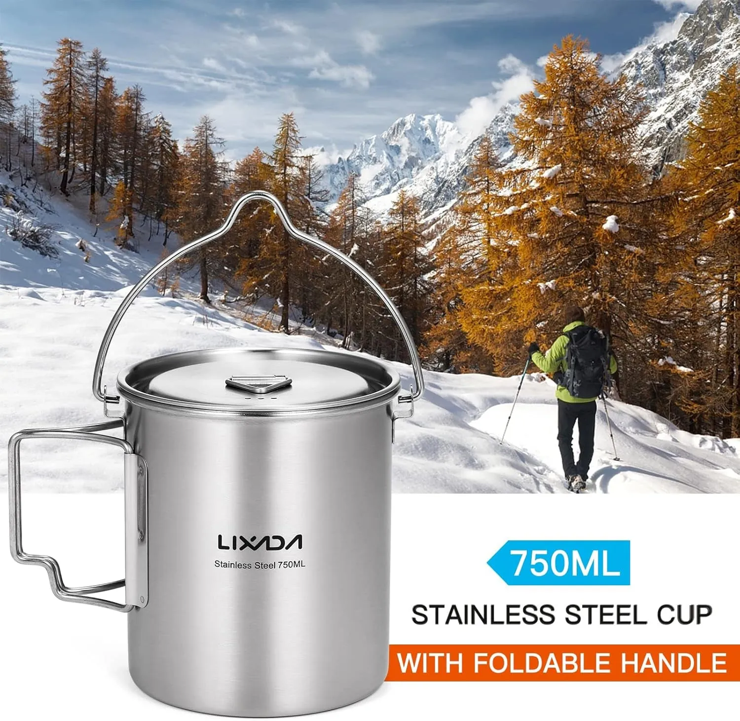 Lid Mug Camping Privacy-focused Stainless Pot,750Ml Hiking Water Steel Handles Backpacking for Cup Outdoor Cup Camping Foldable and Beautifully designed with