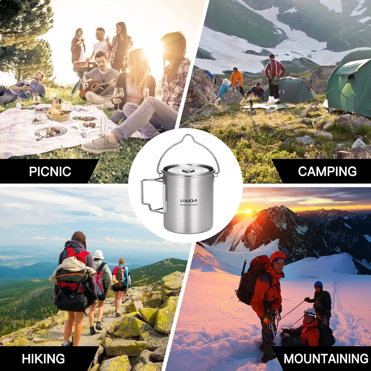 Lid Mug Camping Privacy-focused Stainless Pot,750Ml Hiking Water Steel Handles Backpacking for Cup Outdoor Cup Camping Foldable and Beautifully designed with
