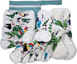 Lilind® 17 Pack Jumbo Set Organic Cloth Pads, Reusable Washable Menstrual Family Cloth, Zero Waste 100% Cotton, Random Flowers prints