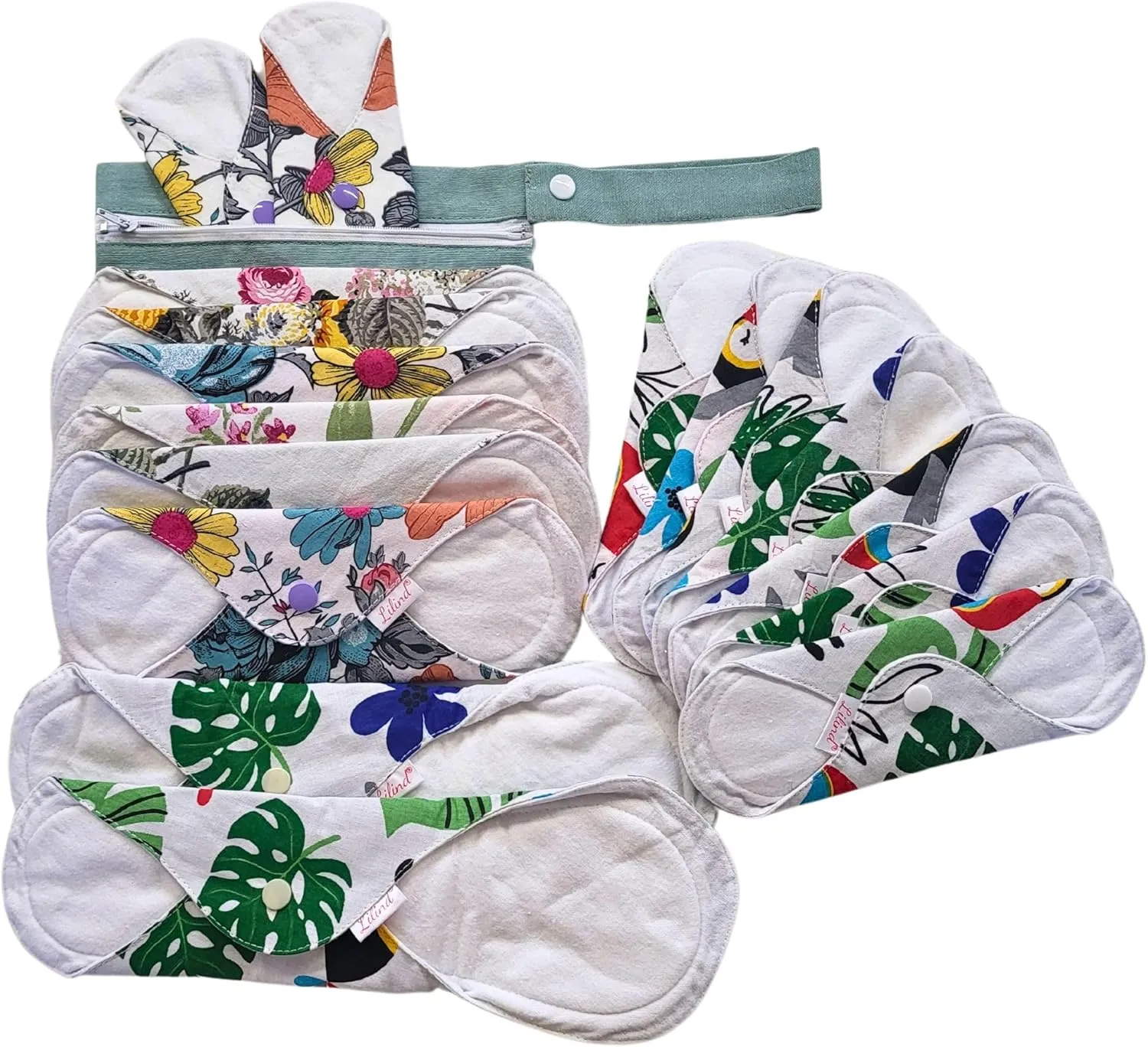 Lilind® 17 Pack Jumbo Set Organic Cloth Pads, Reusable Washable Menstrual Family Cloth, Zero Waste 100% Cotton, Random Flowers prints