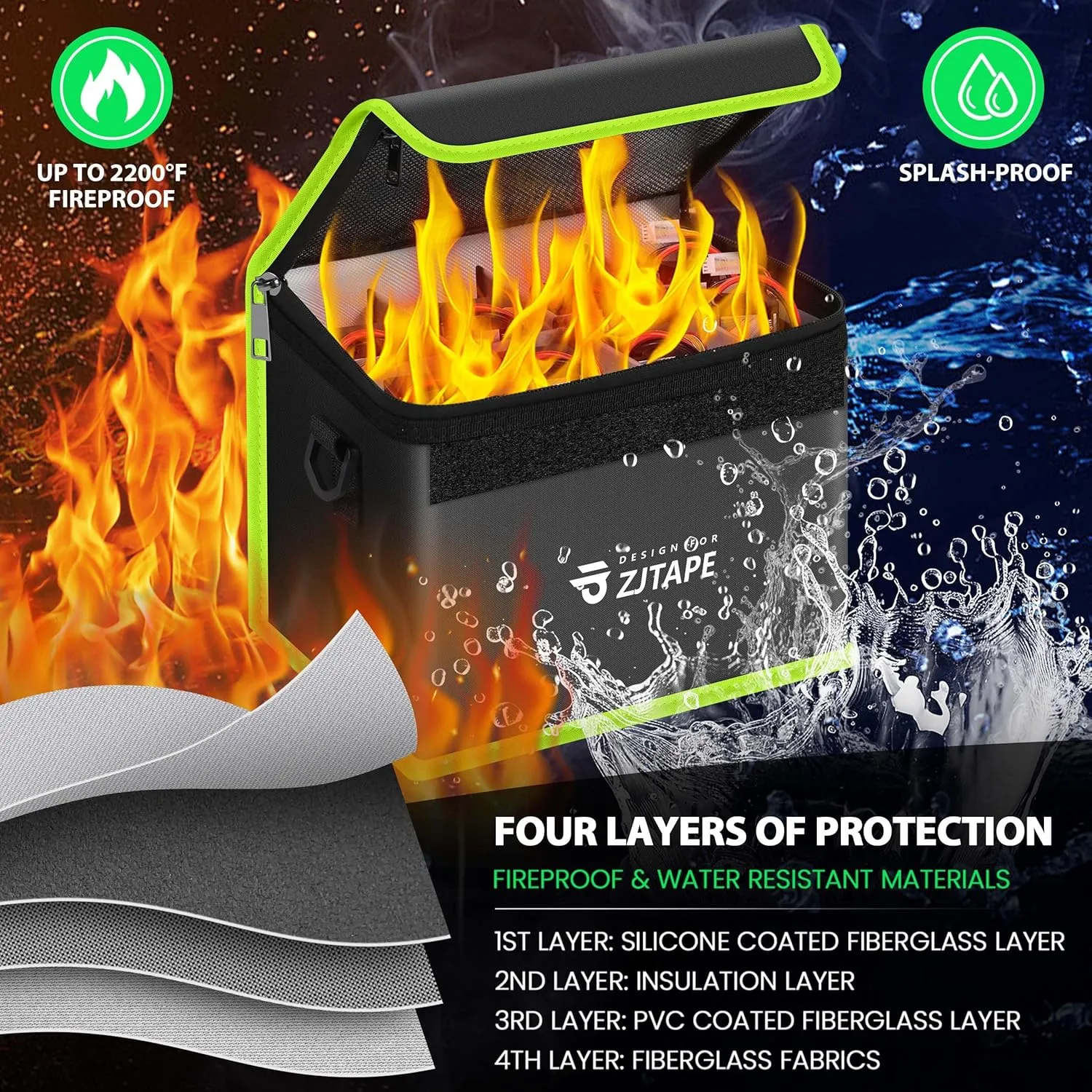 Lipo Safe Bag, Fireproof, Explosion-Proof Battery Bag, Large Storage Space, Lipo Storage Box, Fireproof Safe, Protective, Adjustable Battery (Black, Green)