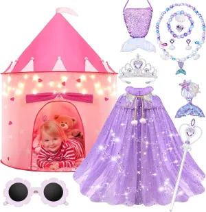LXSHSRTA 13 Pcs Princess Castle Play Tent with LED Star Lights - Princess Dress-Up Set with Crown for Little Girls - Princess Toy Tent - Indoor and Outdoor Girls Castle Playhouse Tent - Purple