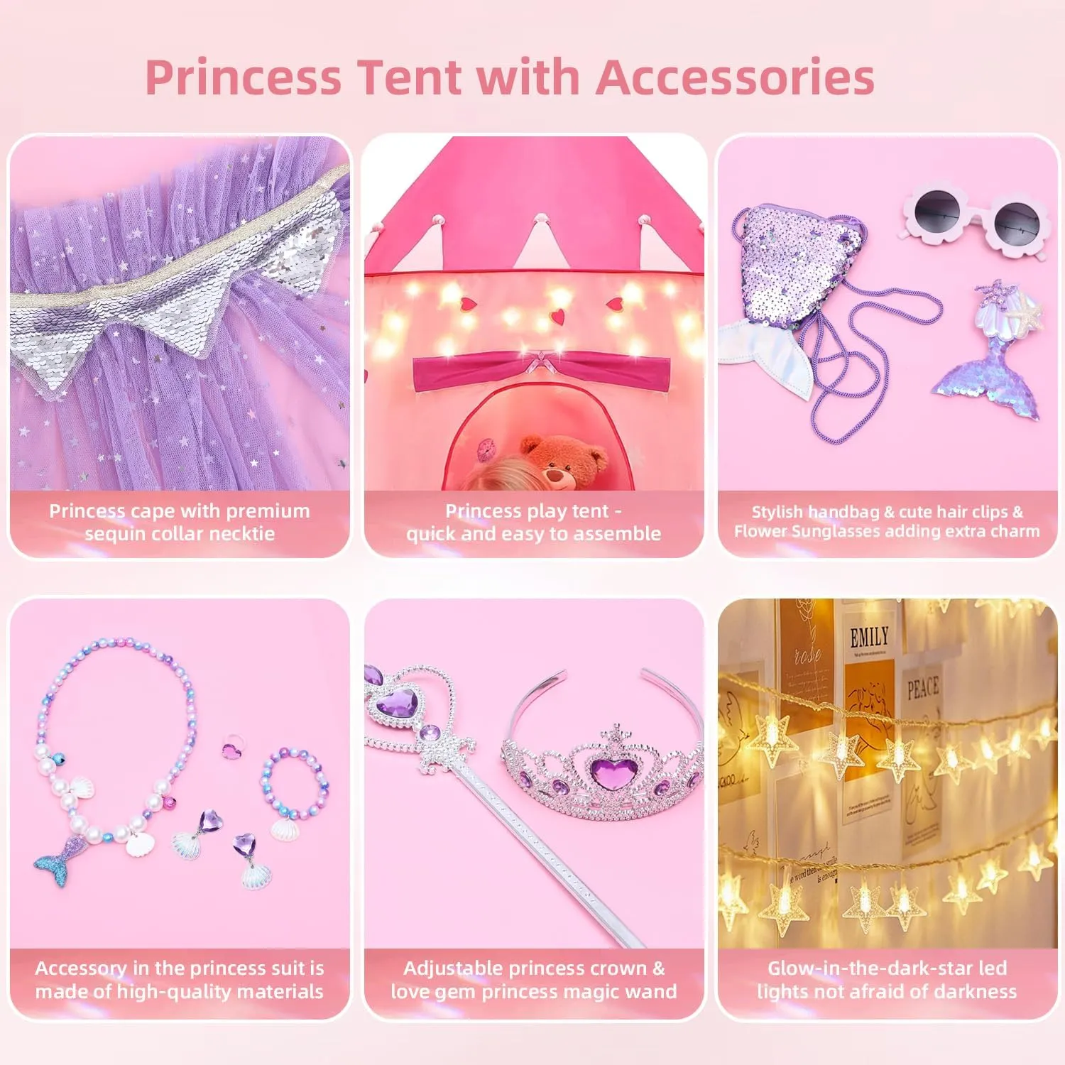 LXSHSRTA 13 Pcs Princess Castle Play Tent with LED Star Lights - Princess Dress-Up Set with Crown for Little Girls - Princess Toy Tent - Indoor and Outdoor Girls Castle Playhouse Tent - Purple