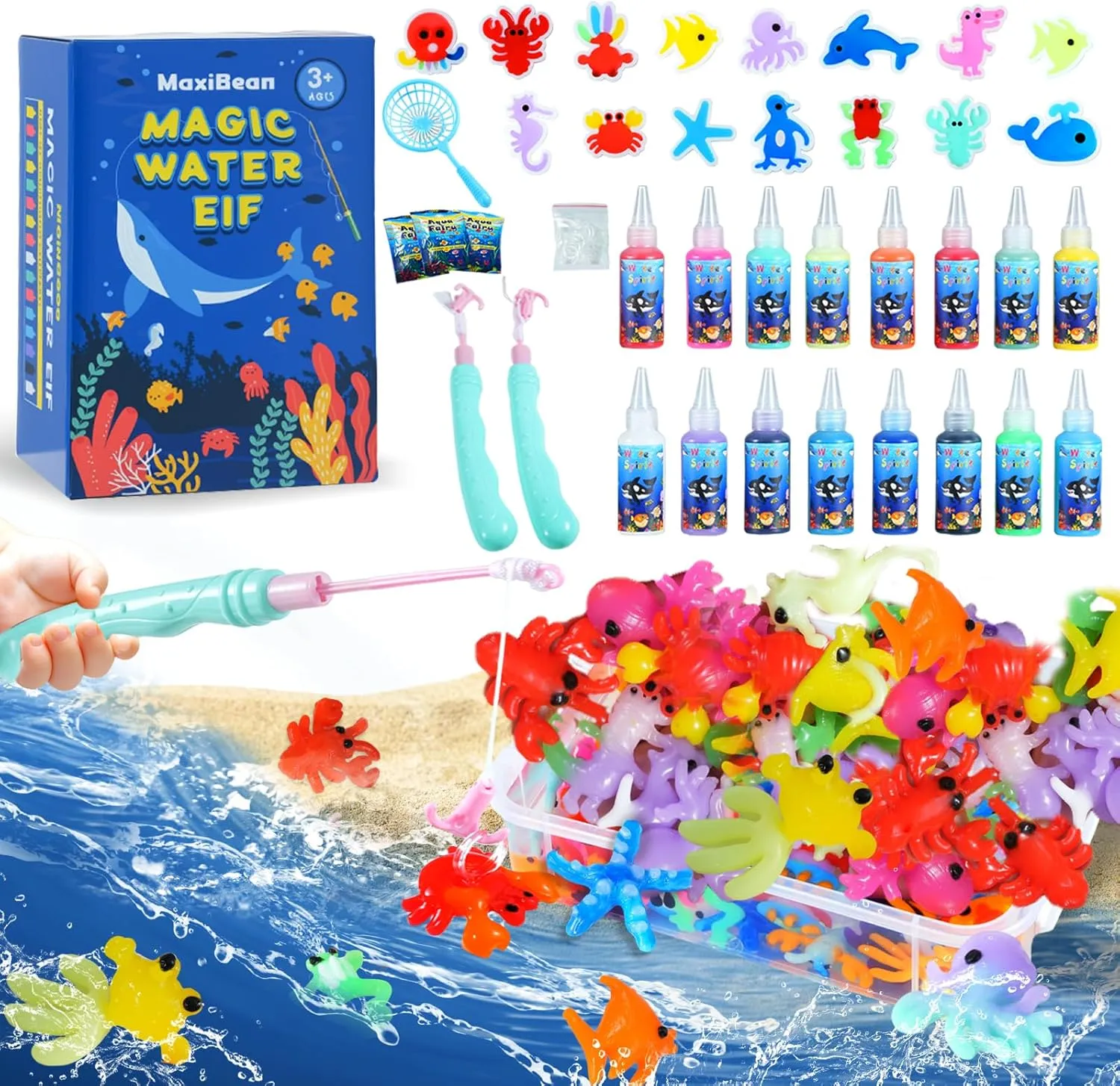 Magic Water Elf Toy Kit - Squishy Maker with 16 Magic Gels&15 Molds and Water Elf Fishing Rod, Aqua Fairy Water Gel Kit DIY Craft Kit, Birthday Gifts & Party Favors for Kids Ages 3 