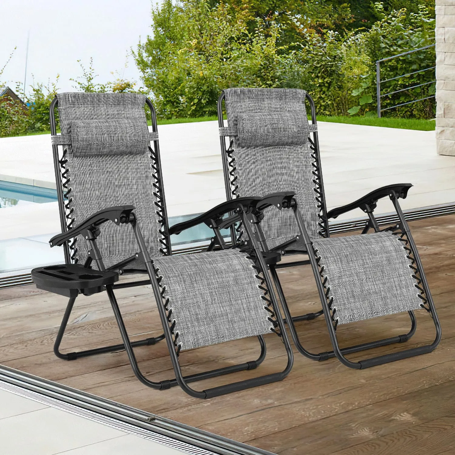 Magshion Zero Gravity Lounge Chairs Set of 2, Outdoor Patio Reclining Chair with Side Tray, Adjustable Anti-Gravity Recliners with Pillow Headrest, Folding Lounger for Lawn Camping Beach, Dark Grey