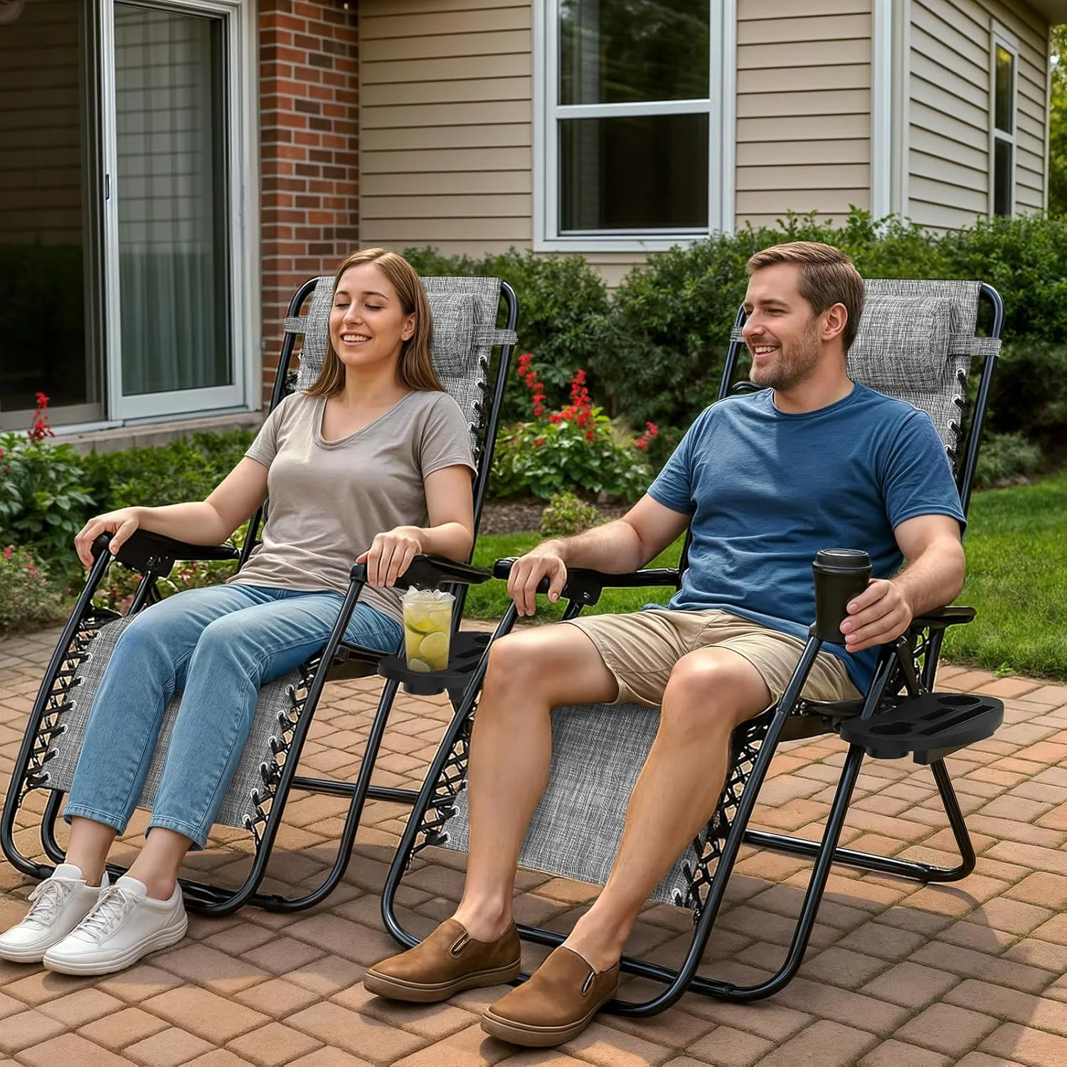 Magshion Zero Gravity Lounge Chairs Set of 2, Outdoor Patio Reclining Chair with Side Tray, Adjustable Anti-Gravity Recliners with Pillow Headrest, Folding Lounger for Lawn Camping Beach, Dark Grey