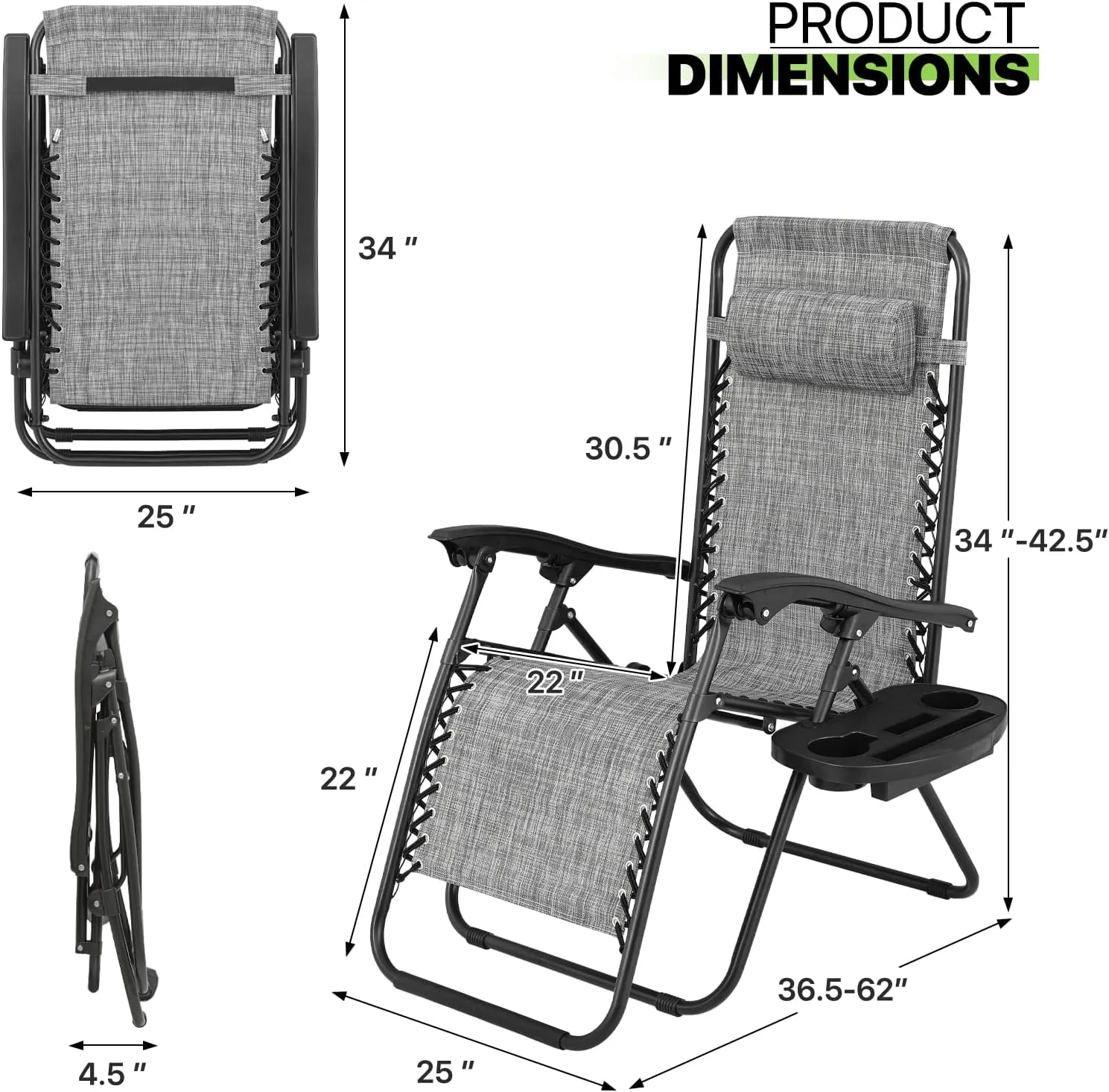 Magshion Zero Gravity Lounge Chairs Set of 2, Outdoor Patio Reclining Chair with Side Tray, Adjustable Anti-Gravity Recliners with Pillow Headrest, Folding Lounger for Lawn Camping Beach, Dark Grey