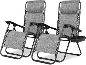 Magshion Zero Gravity Lounge Chairs Set of 2, Outdoor Patio Reclining Chair with Side Tray, Adjustable Anti-Gravity Recliners with Pillow Headrest, Folding Lounger for Lawn Camping Beach, Dark Grey
