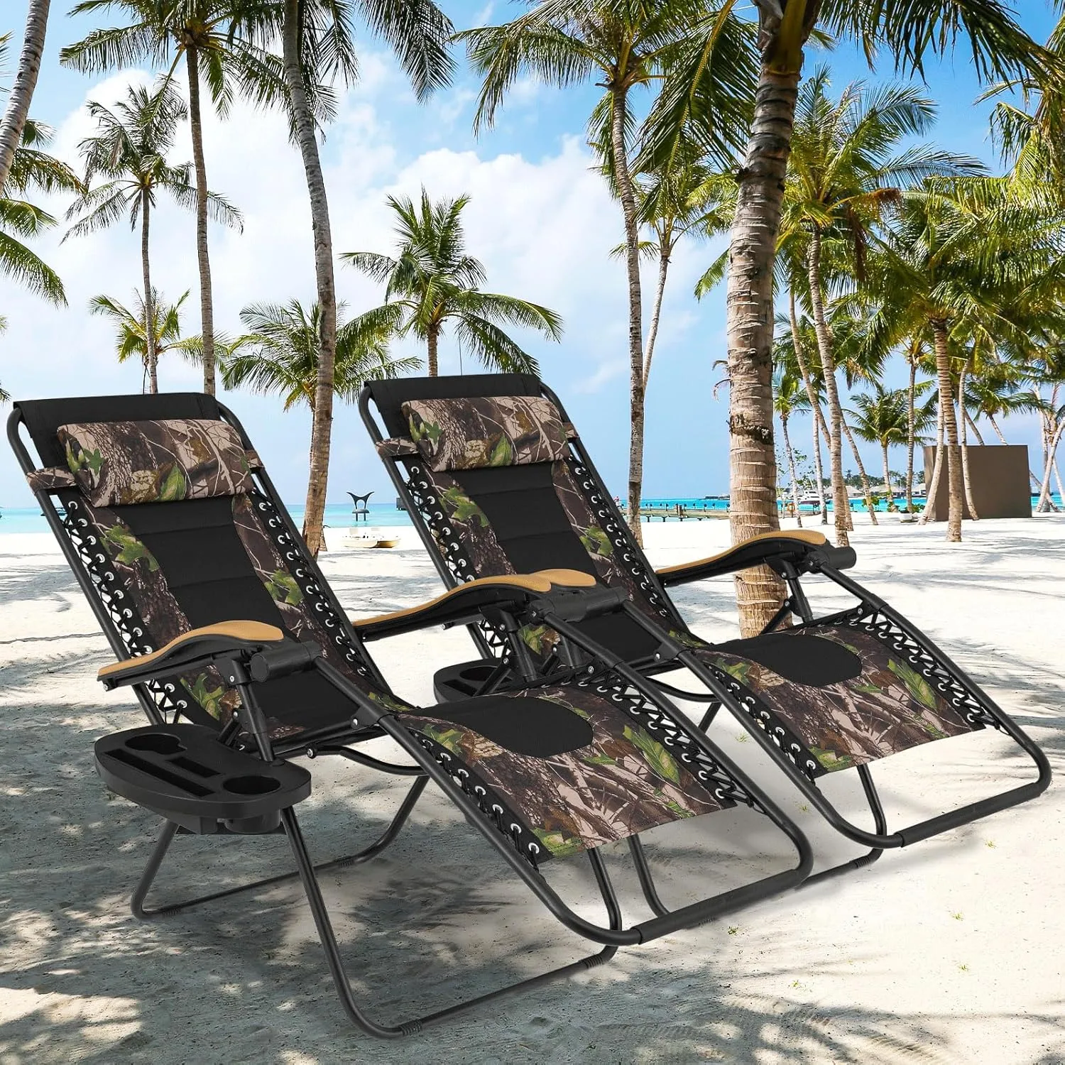 Magshion Zero Gravity Lounge Chairs Set of 2, Outdoor Patio Reclining Chair with Side Tray, Adjustable Anti-Gravity Recliners with Pillow Headrest, Folding Lounger for Lawn Camping Beach