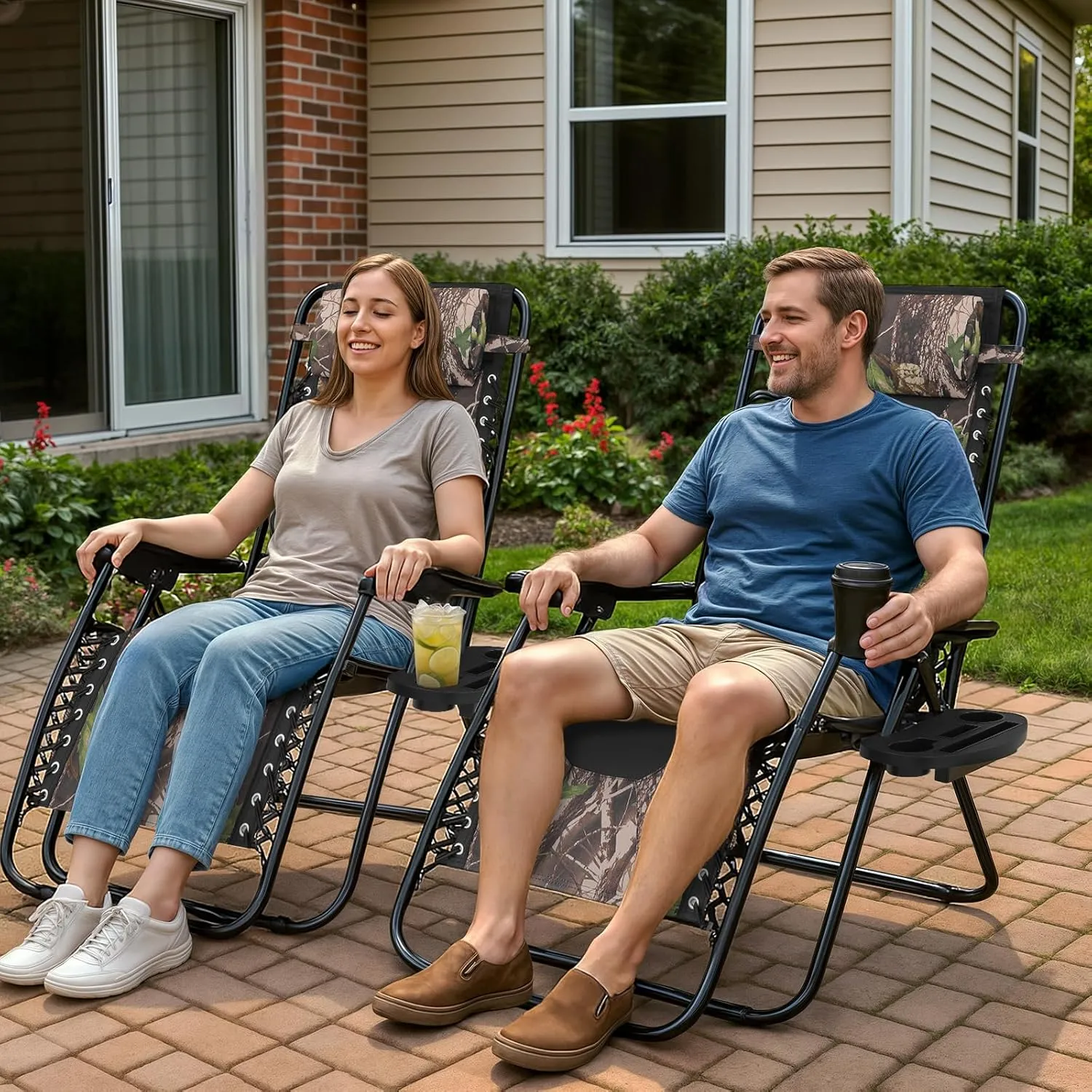 Magshion Zero Gravity Lounge Chairs Set of 2, Outdoor Patio Reclining Chair with Side Tray, Adjustable Anti-Gravity Recliners with Pillow Headrest, Folding Lounger for Lawn Camping Beach