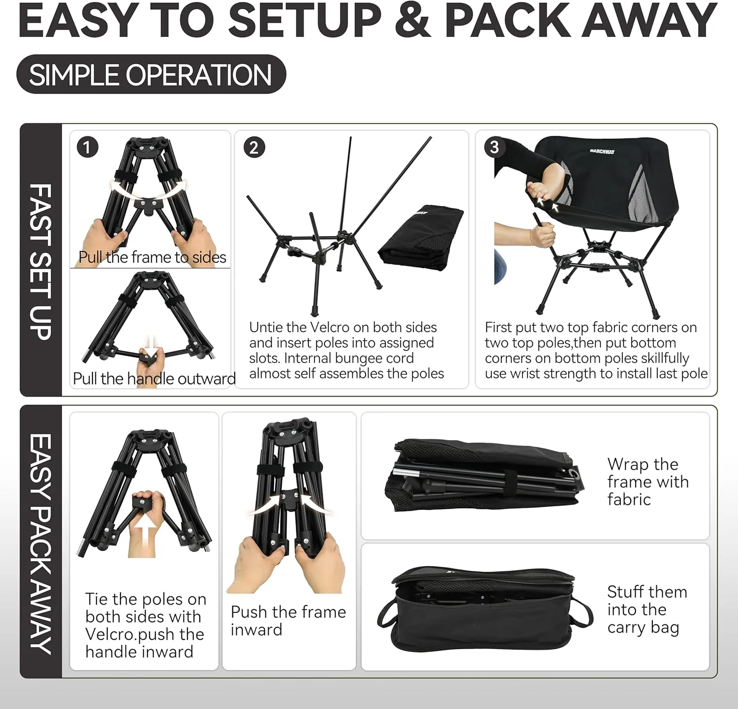 MARCHWAY Lightweight Folding Camping Chair, Stable Portable Compact for Outdoor Camp, Travel, Beach, Picnic, Festival, Hiking, Backpacking, Supports 330Lbs (Black)