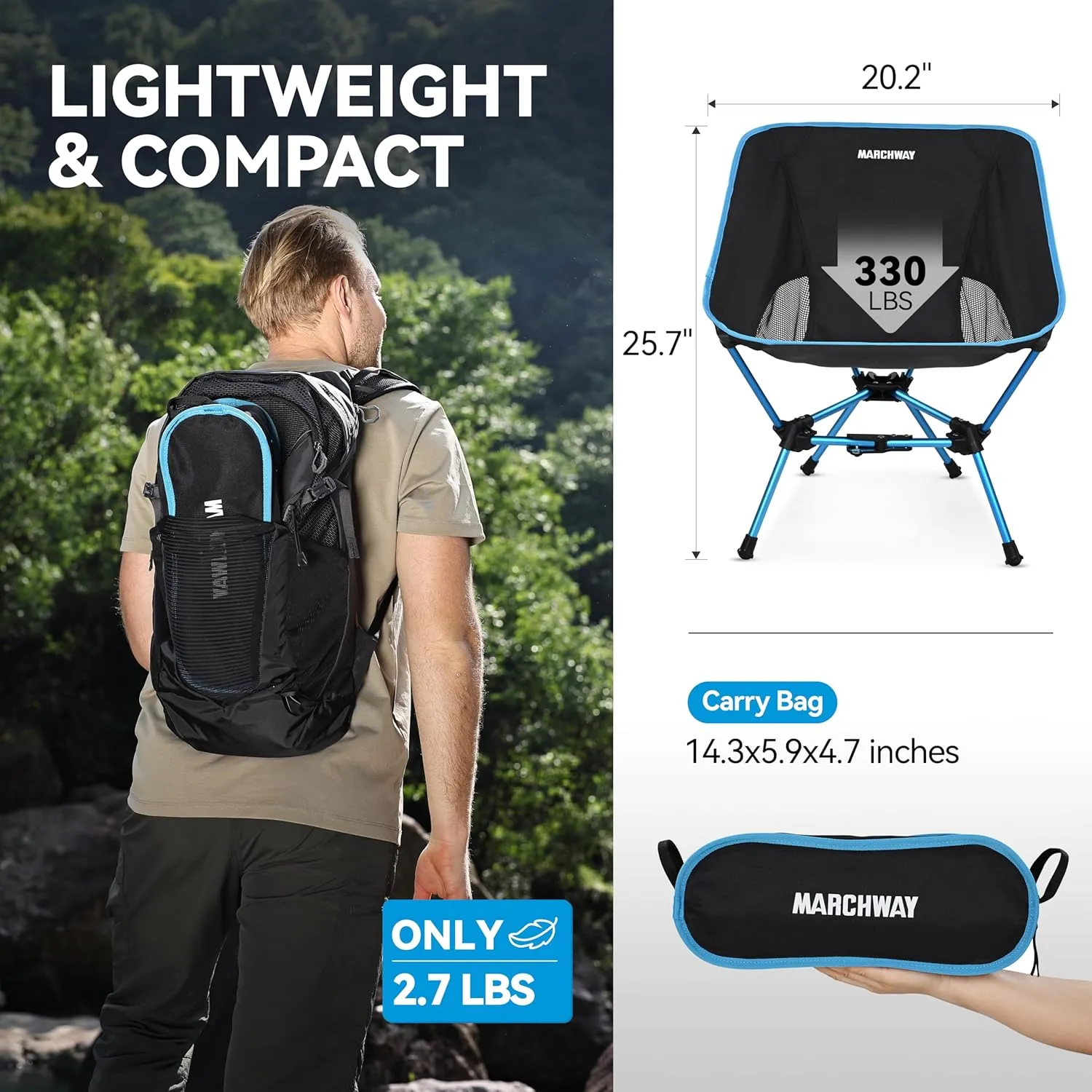 MARCHWAY Lightweight Folding Camping Chair with Spring Lock, Stable Compact Portable for Outdoor Camp, Travel, Beach, Picnic, Festival, Hiking, Backpacking (Lowback Blue)