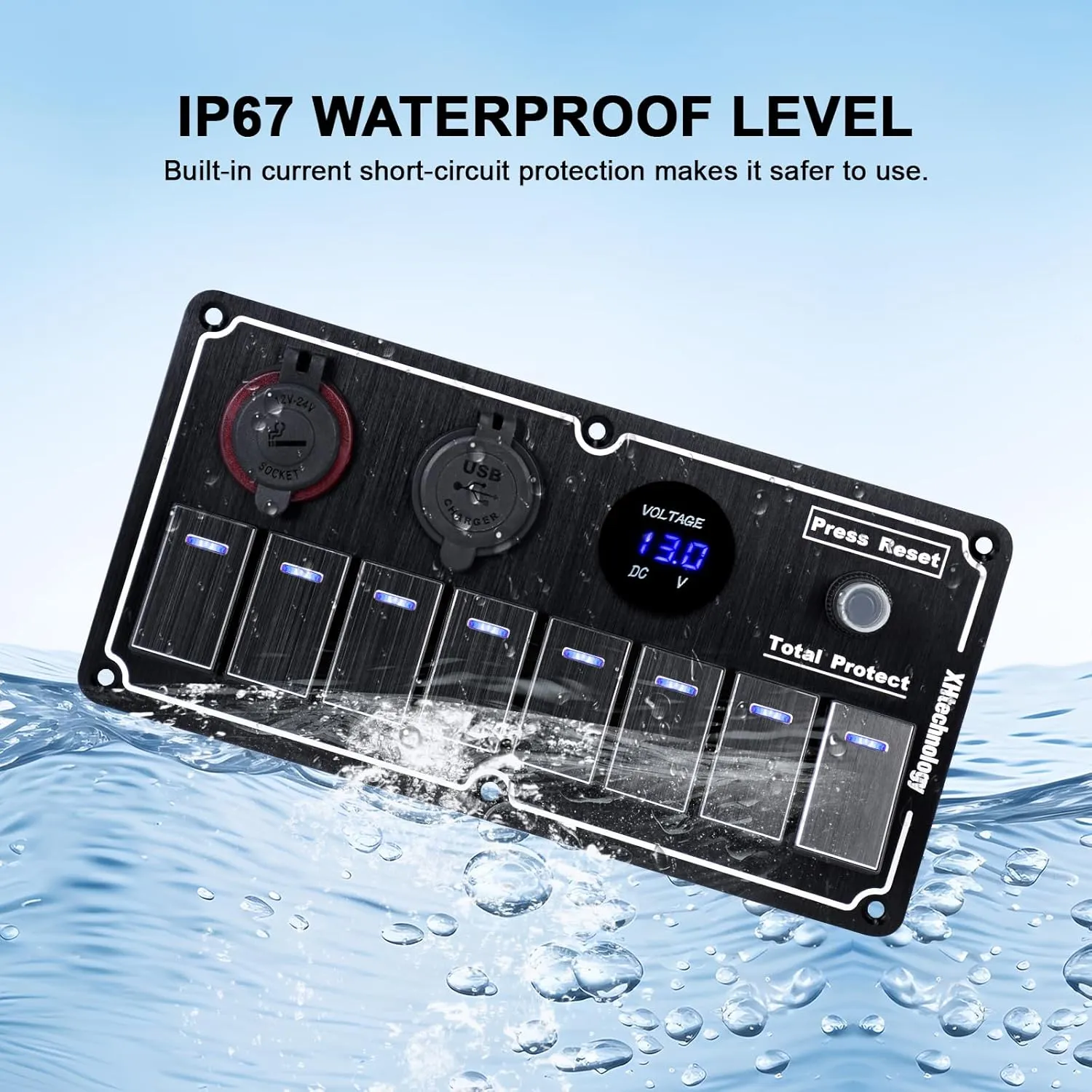 Marine Boat Rocker Switch Panel,Waterproof 8 Gang Multi-Function Toggle Light Switch Panel with Dual USB and Voltmeter Panel for RVs, Cars, Boats, Trucks,Trailers 12-24V (Black, 8 Gang)