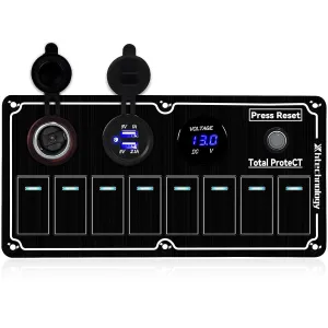 Marine Boat Rocker Switch Panel,Waterproof 8 Gang Multi-Function Toggle Light Switch Panel with Dual USB and Voltmeter Panel for RVs, Cars, Boats, Trucks,Trailers 12-24V (Black, 8 Gang)