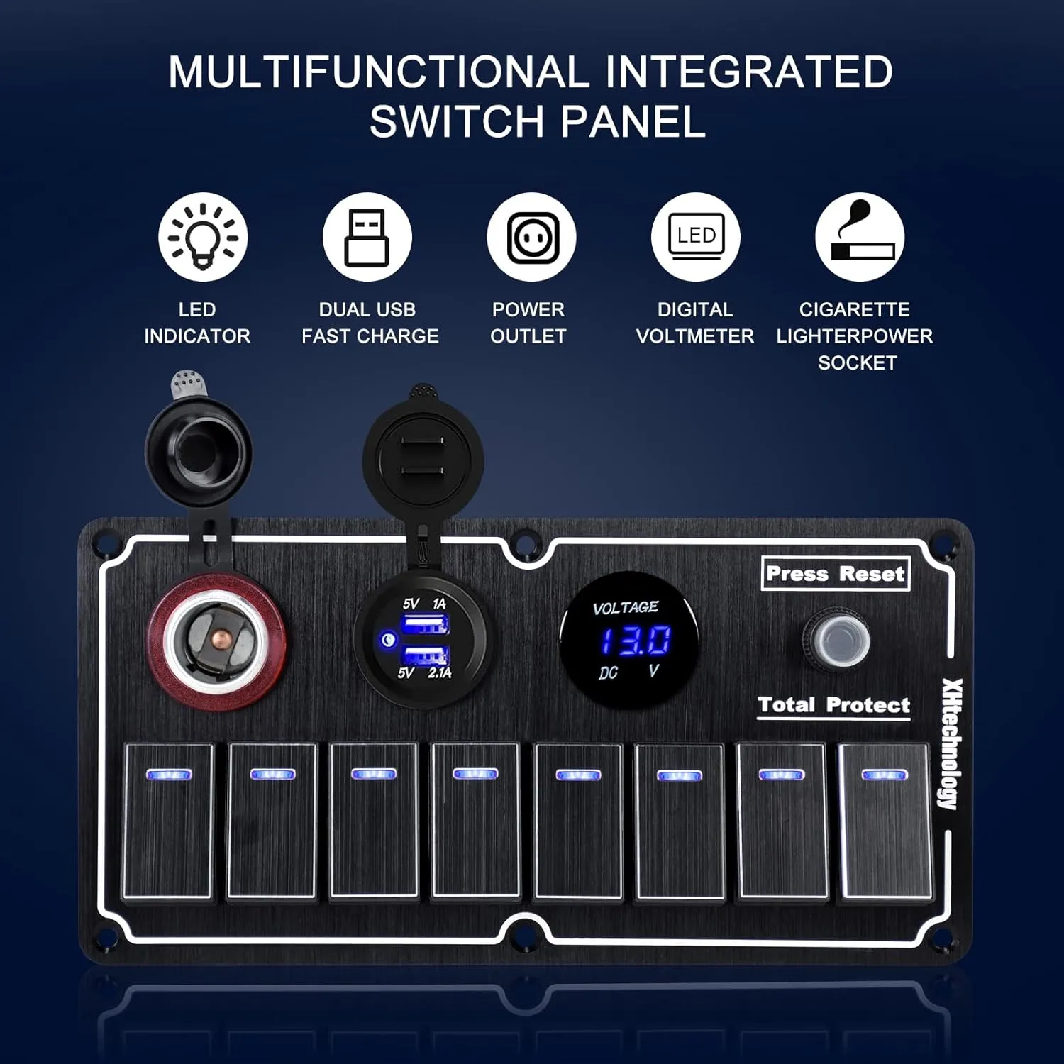 Marine Boat Rocker Switch Panel,Waterproof 8 Gang Multi-Function Toggle Light Switch Panel with Dual USB and Voltmeter Panel for RVs, Cars, Boats, Trucks,Trailers 12-24V (Black, 8 Gang)