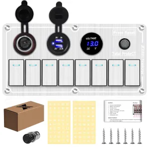 Marine Boat Rocker Switch Panel,Waterproof Aluminum 8 Gang Toggle Switch Panel with Dual USB and Voltmeter Panel for RVs, Cars, Boats, Trucks,Trailers - 12-24V (Silver, 8 Gang)