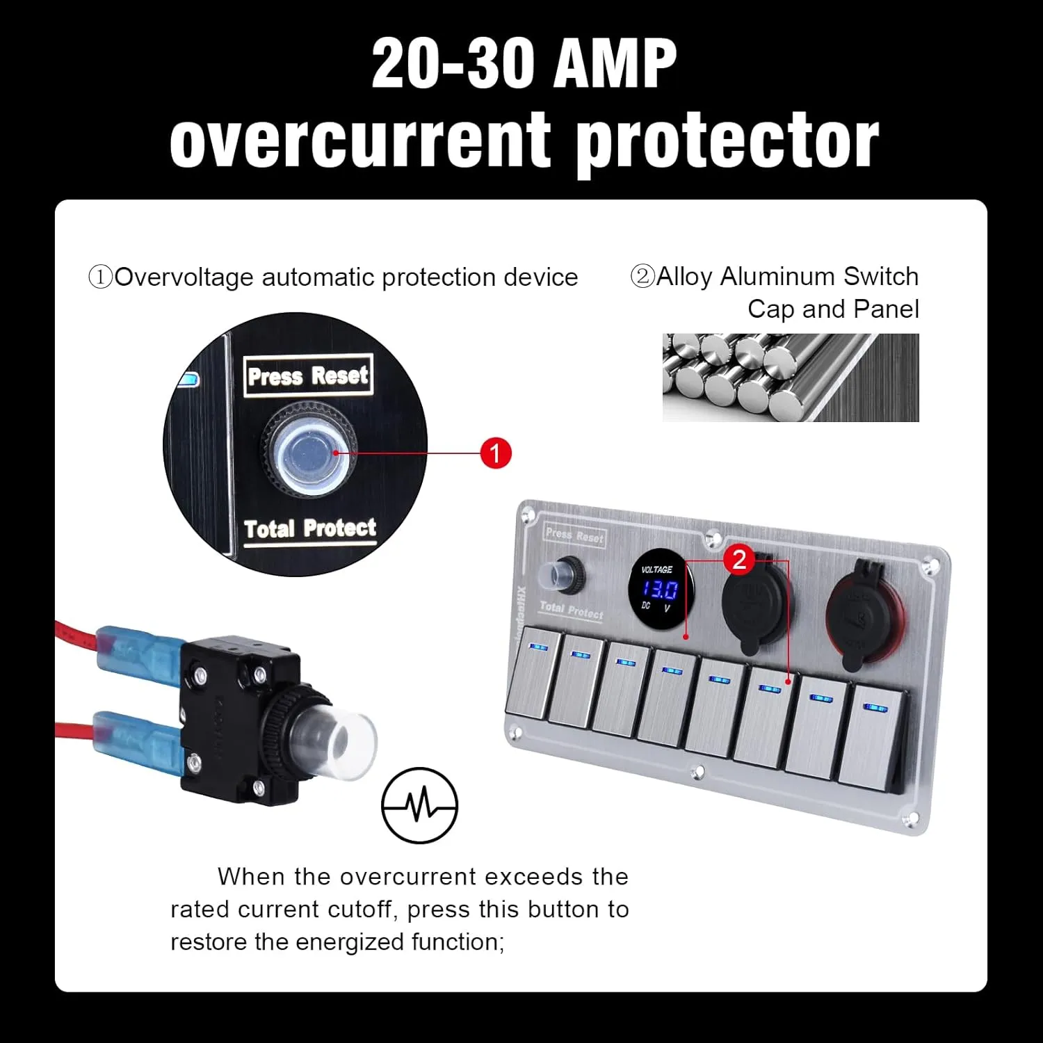 Marine Boat Rocker Switch Panel,Waterproof Aluminum 8 Gang Toggle Switch Panel with Dual USB and Voltmeter Panel for RVs, Cars, Boats, Trucks,Trailers - 12-24V (Silver, 8 Gang)