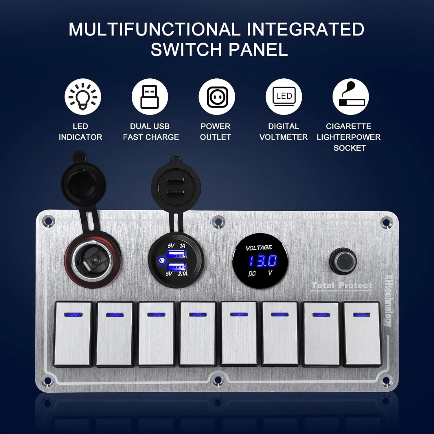 Marine Boat Rocker Switch Panel,Waterproof Aluminum 8 Gang Toggle Switch Panel with Dual USB and Voltmeter Panel for RVs, Cars, Boats, Trucks,Trailers - 12-24V (Silver, 8 Gang)