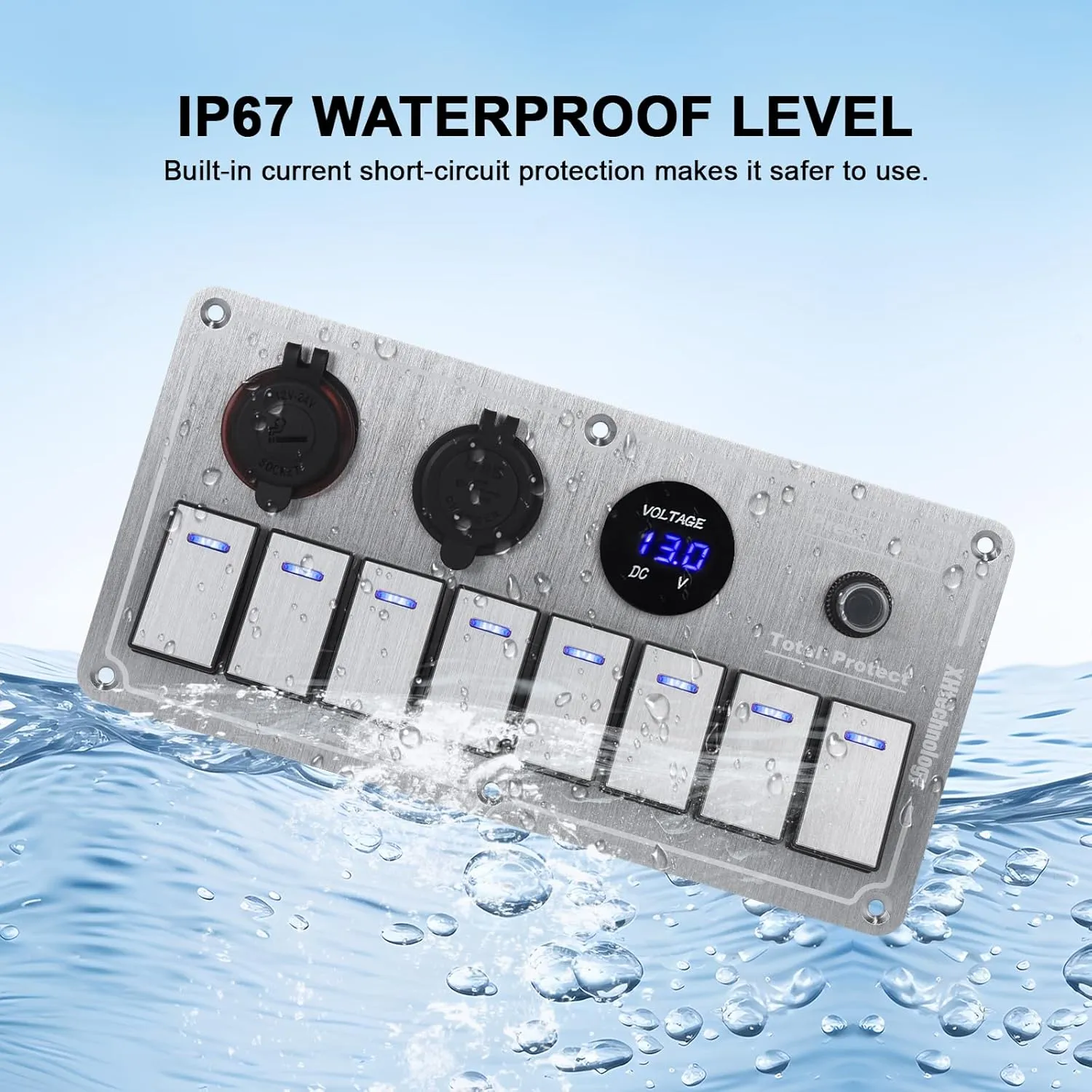 Marine Boat Rocker Switch Panel,Waterproof Aluminum 8 Gang Toggle Switch Panel with Dual USB and Voltmeter Panel for RVs, Cars, Boats, Trucks,Trailers - 12-24V (Silver, 8 Gang)