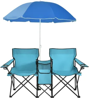 MAT EXPERT Folding Double Camp Chair w/Removable Umbrella, Portable Picnic Chair w/Mini Table, Chair Set w/Beverage Holder, Portable Loveseat Camp Chairs for Beach, Backyard, Poolside (Turquoise)