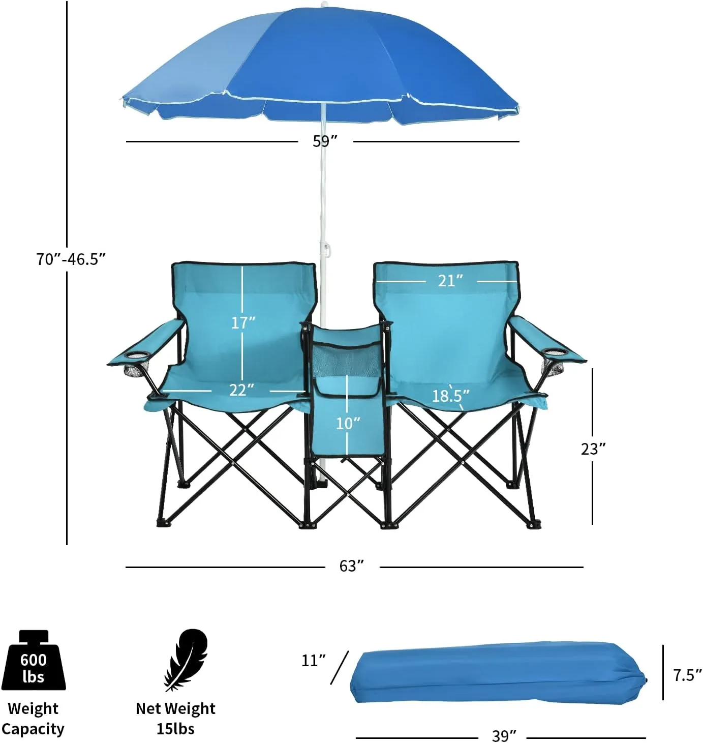 MAT EXPERT Folding Double Camp Chair w/Removable Umbrella, Portable Picnic Chair w/Mini Table, Chair Set w/Beverage Holder, Portable Loveseat Camp Chairs for Beach, Backyard, Poolside (Turquoise)