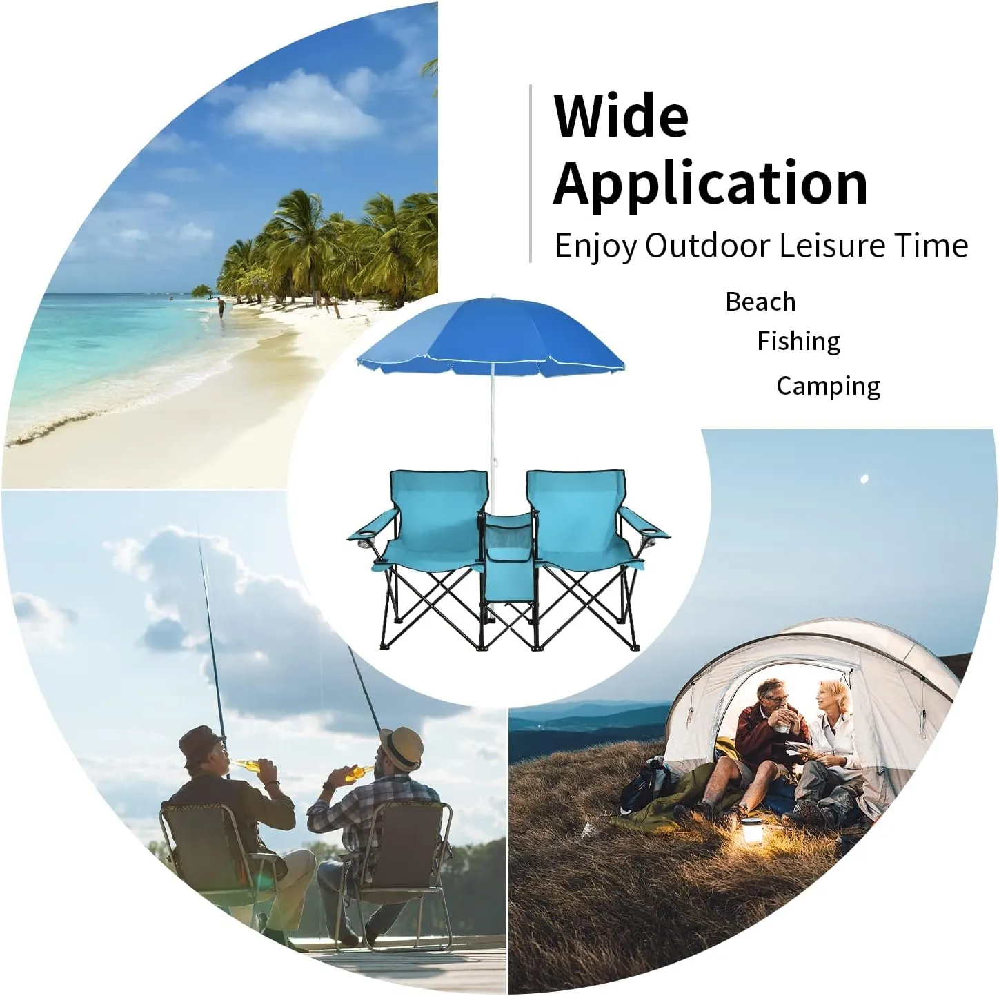 MAT EXPERT Folding Double Camp Chair w/Removable Umbrella, Portable Picnic Chair w/Mini Table, Chair Set w/Beverage Holder, Portable Loveseat Camp Chairs for Beach, Backyard, Poolside (Turquoise)