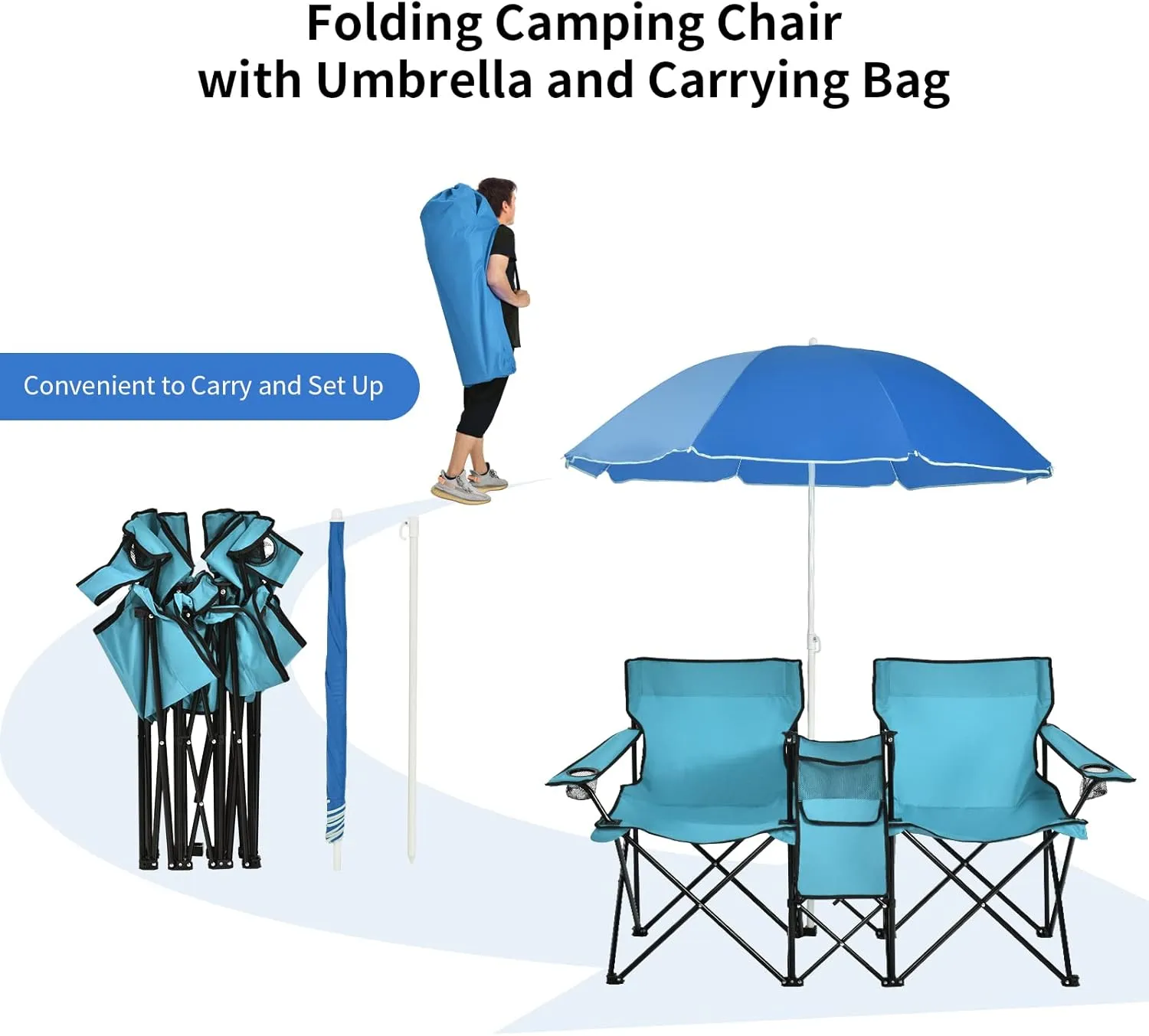 MAT EXPERT Folding Double Camp Chair w/Removable Umbrella, Portable Picnic Chair w/Mini Table, Chair Set w/Beverage Holder, Portable Loveseat Camp Chairs for Beach, Backyard, Poolside (Turquoise)